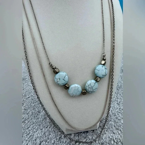 14” Turquoise Tone Dyed Stone Layered Gold Tone Chains Necklace & Earrings Combo - Picture 6 of 10